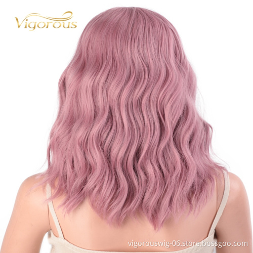 Best Hair Short Vendors High Quality Temperature With Bang Loose Wave Deep Pink Wholesale Wigs Synthetic